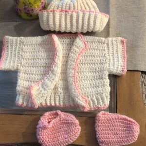 Handmade Baby Knit Set in White and Pink